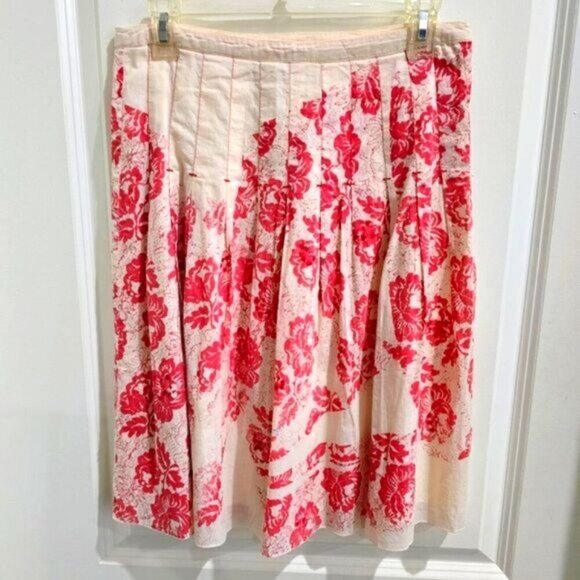 Free People ✦ Pleated Floral Midi Skirt ✦ Beige Cotton Red Print Size 2 - Picture 5 of 11